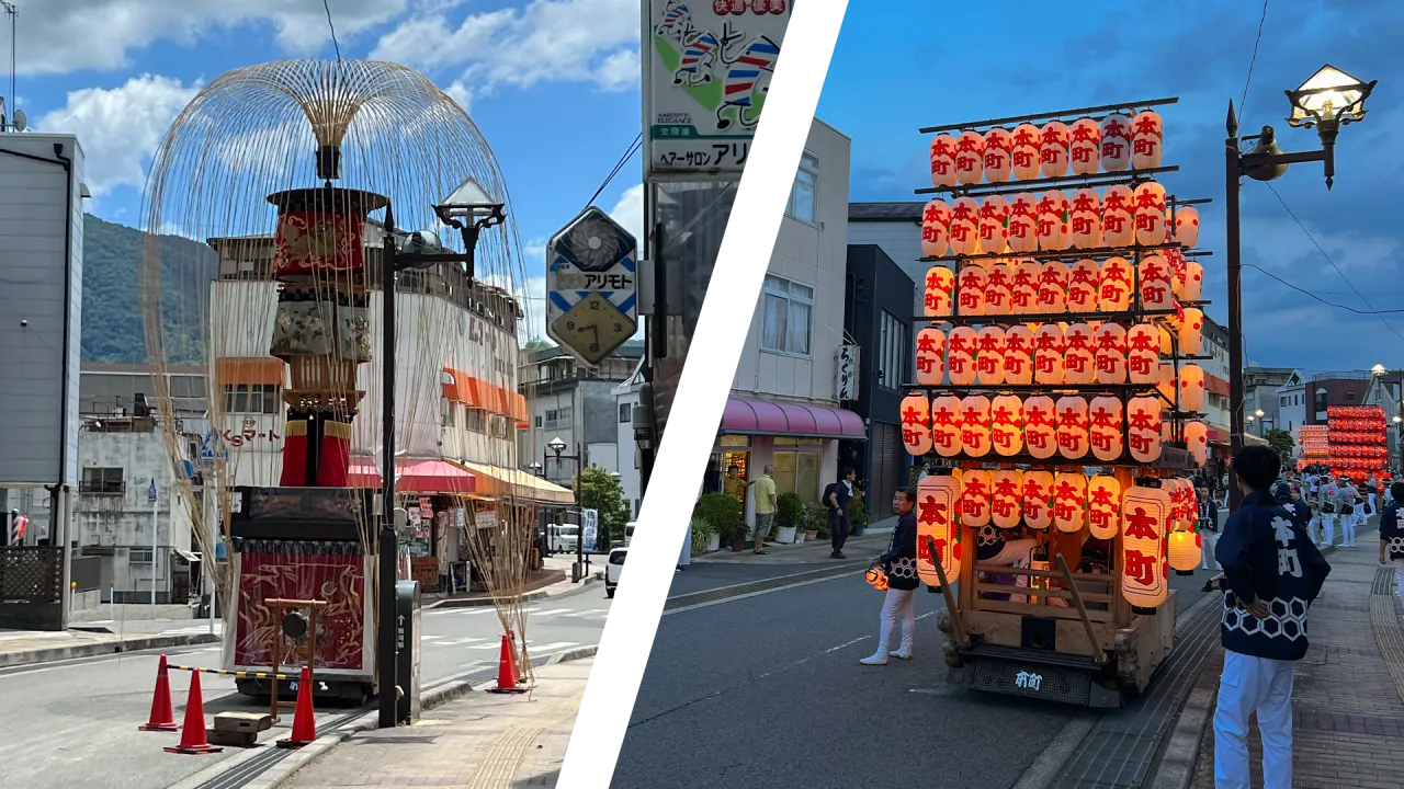 提灯をまとっただんじりと本町の法被姿
